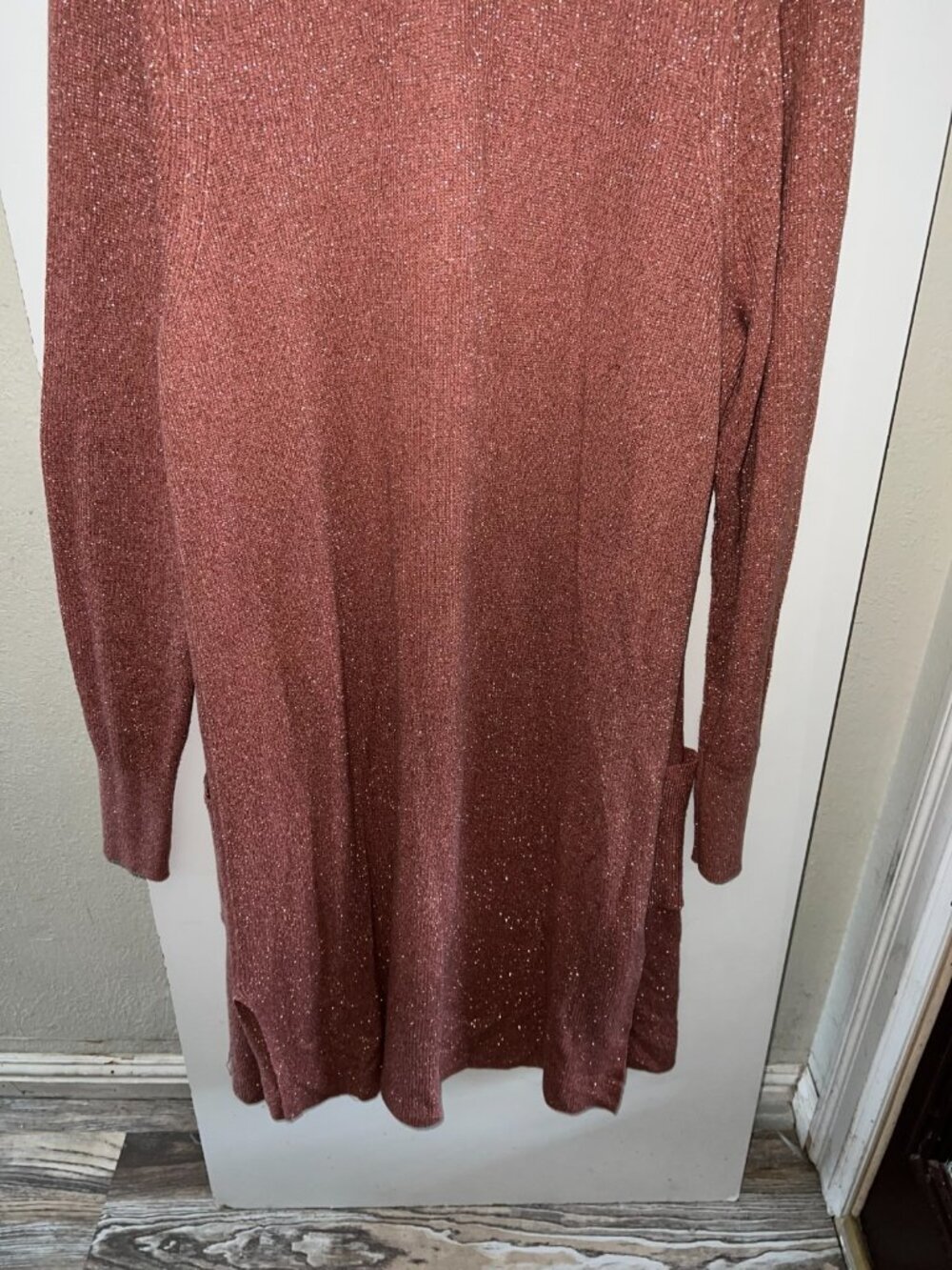 Ann Taylor Duster Cardigan Size XL Metallic Peach? Long Sleeve Pockets Maxi - Picture 11 of 12